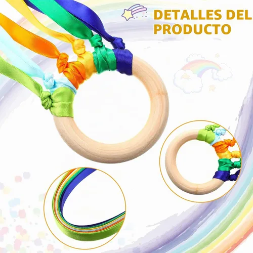 Vista 3 de Deekin 12 piezas de cinta de arco iris de madera Waldorf juguetes creativos Waldorf juego de cometas de mano serpentinas con anillo de madera
