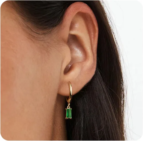 Vista 28 de Gold Huggie Hoop Earrings Crystal Green Drop Earrings