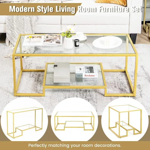 Vista 5 de COSTWAY Mesa auxiliar de cristal de 45 pulgadas, mesa decorativa rectangular de 2 niveles con estante de almacenamiento y marco de metal dorado