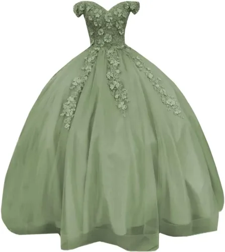 Vista 6 de TRHTX Vestidos de quinceañera de encaje, vestido de bola hinchado con hombros descubiertos, vestidos de baile de graduación, flores florales dulces