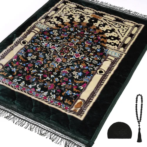 Vista 8 de Alfombra de oración musulmana con cuentas de oración Tasbih y sombrero de kufi, acolchada muy gruesa, alfombra de oración para hombres y mujeres
