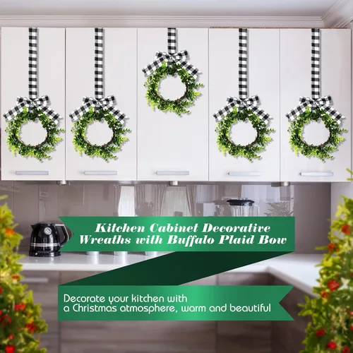 Vista 4 de 6 Piezas Coronas Pequeñas de Navidad para Gabinete de Cocina 9" Mini Coronas Artificiales de Boj de Navidad con Lazo de Cinta Decoración de Fiesta