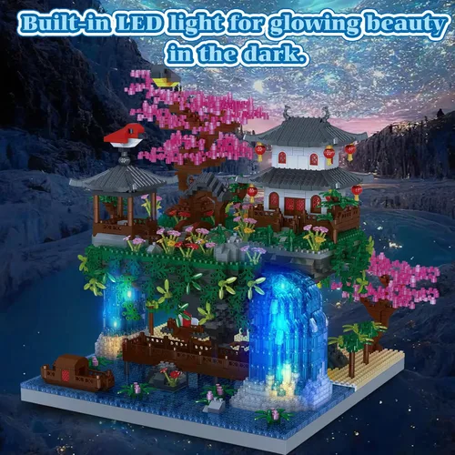 Vista 6 de Juego de construcción de árbol de cerezo en flor, bloques de arquitectura china, juego de casa Sakura japonesa, juego de bonsái para adultos, regalo