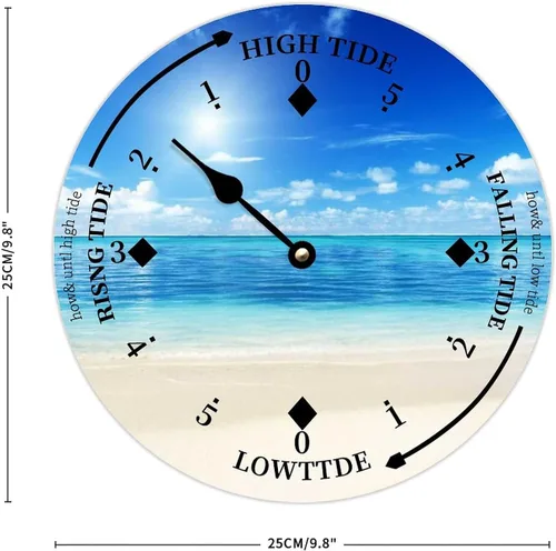 Vista 2 de Reloj de marea de arena con cielo azul con temática costera y océano, reloj de playa personalizado, reloj de marea de madera redondo, decoración