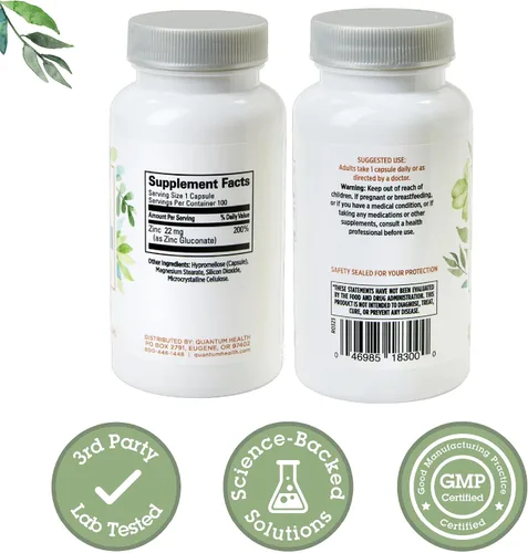 Vista 2 de Quantum Health - Suplemento diario de gluconato de zinc de 22 mg para aumentar la inmunidad que apoya la energía, ojos saludables, cabello, piel