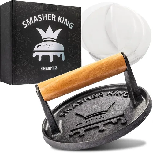 Vista 10 de SMASHER KING™ - Prensa de hamburguesa premium de hierro fundido con 25 piezas de papel para hamburguesas, prensa de hamburguesas para plancha