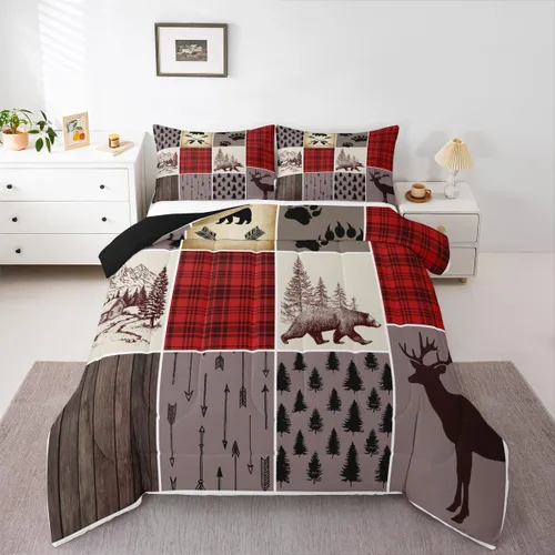 Vista 38 de Juego de edredón de cabaña rústica navideña, juego de ropa de cama estilo rústico con diseño de osos y ciervos, tamaño completo, patchwork Multi 08