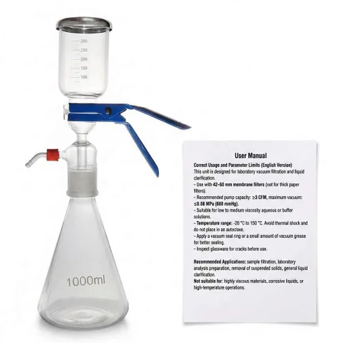 Vista 7 de QWORK Aparato de Destilación de Filtración al Vacío de Vidrio, 1000ml - Incluye Embudo Graduado, Matraz de Filtro, Abrazadera - Tamaño de Poro de 10