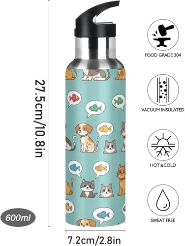 Vista 9 de BPA-Free Sports Water Bottle with Straw 32 Oz, Stainless Steel Vacuum Insulated Water Bottle for Gym Outdoor Travel School, Cartoon Cats Dogs