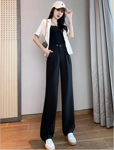 Vista 4 de LREUIP Emperament - Pantalones de traje para mujer cintura alta holgados rectos casuales ajustados pierna ancha vestido profesional