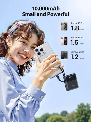 Vista 4 de Cargador portátil de 10000 mAh Banco de energía de carga rápida, paquete de batería USB C de 22.5W con cables incorporados, cargador portátil