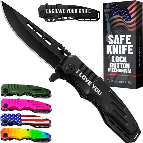 Vista 17 de Navaja de bolsillo con bloqueo de seguridad - Hoja afilada de 3.4 pulgadas - Cuchillo táctico plegable con mango de aluminio - Herramienta ideal