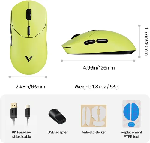 Vista 9 de Rapoo Ratón inalámbrico para juegos VT2, tasa de sondeo inalámbrico real de 8K, peso ligero de 1.87 oz, batería de hasta 750 horas, MCU nórdico