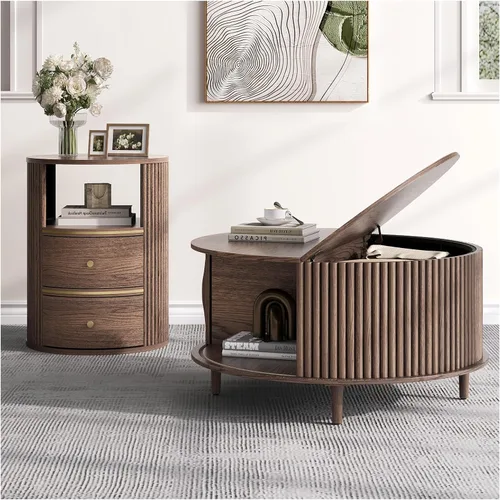 Vista 17 de JOINICE Mesa auxiliar ovalada de 42.5 pulgadas con almacenamiento, moderna mesa central negra con diseño estriado, patas de madera maciza