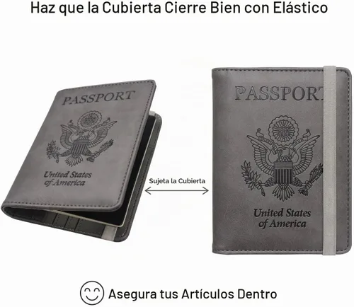 Vista 5 de WALNEW - Cartera para pasaporte de viaje, funda para pasaporte con bloqueo RFID, color gris