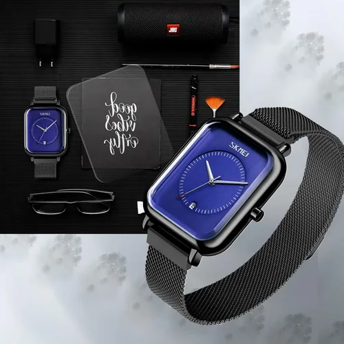 Vista 2 de SKMEI Reloj de pulsera para hombres y mujeres, reloj analógico de cuarzo impermeable a la moda con fecha de hora, esfera rectangular, reloj de mano