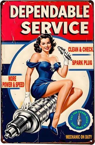 Vista 3 de Dependable Service Bujías Tin Sign estilo clásico pared Ornamento Café & Bar Decor, tamaño 8" x 12