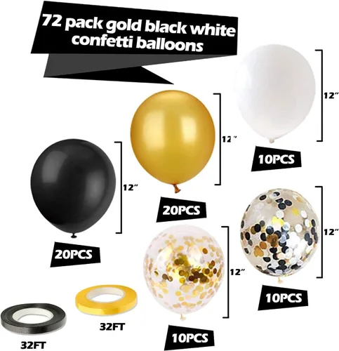 Vista 5 de Kit de 72 globos de confeti negro y dorado, globos negros, dorados y blancos de 12 pulgadas y globos de confeti dorado con cintas para globos