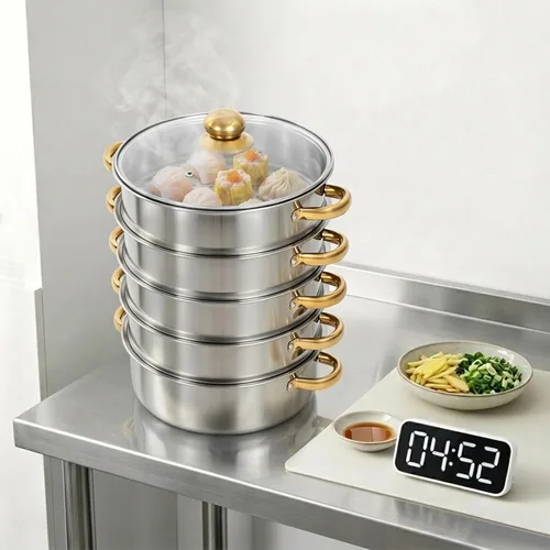 Vista 5 de Steamer Pot,5-Tier Stainless Steel Stockpot Steamers with Glass Lid and Anti-Scalding Handles,Polishing Steamer Cookware Pot for Induction Cookers