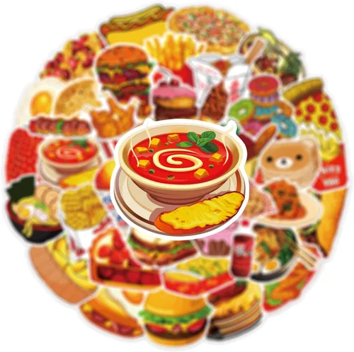 Vista 7 de Calcomanías de comida, 50 unidades, lindas calcomanías de comida rápida, chips de hamburguesa, deliciosas calcomanías estéticas impermeables