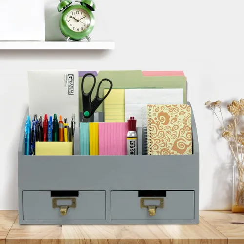 Vista 4 de Organizador de escritorio de madera, 6 compartimentos y 2 cajones, estante de suministros - gris sólido