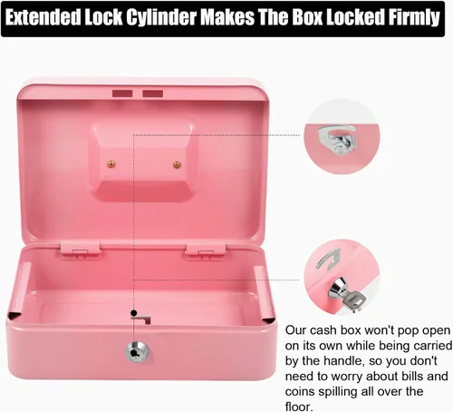 Vista 9 de Caja de dinero grande con cerradura con bandeja extraíble para monedas, caja de dinero de metal segura portátil con cerradura de llave, organizador