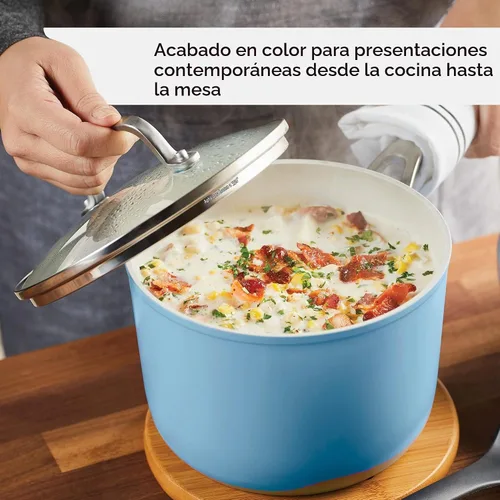 Vista 3 de KitchenAid Sartén antiadherente de cerámica anodizada dura con tapa, 3 cuartos de galón, terciopelo azul Azul terciopelo