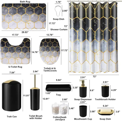 Vista 6 de BSSN Juego de 25 accesorios de baño negros y dorados con cortina de ducha y alfombras, basura, cepillo de inodoro, dispensador de jabón, soporte