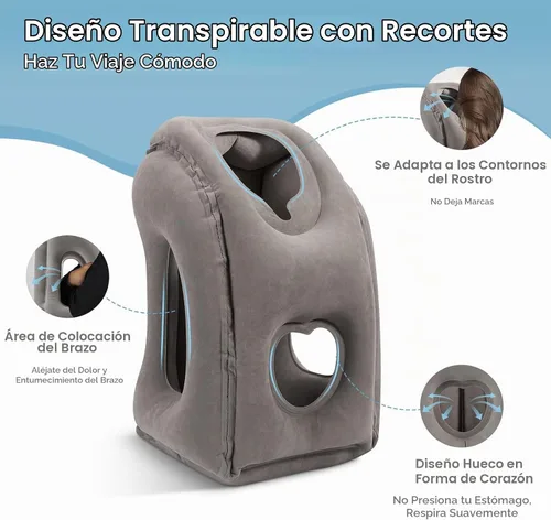 Vista 3 de MoKo Almohada inflable de viaje, almohada para el cuello con bolsa de almacenamiento, gris