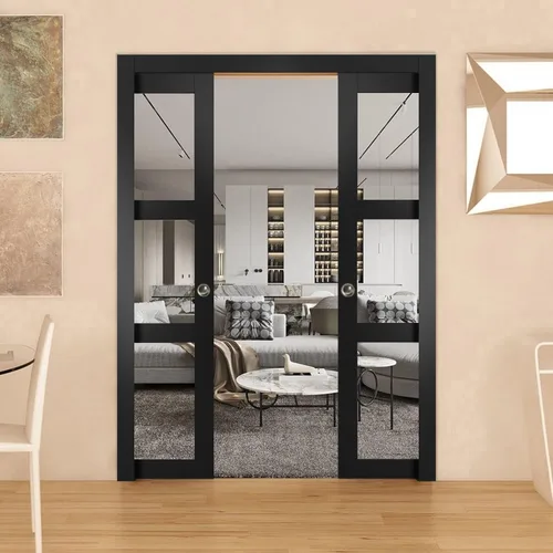 Vista 3 de Panel de puerta de granero de losa de 18 x 80 pulgadas Lucia 2555 negro mate con vidrio transparente Puertas interiores con acabado resistente
