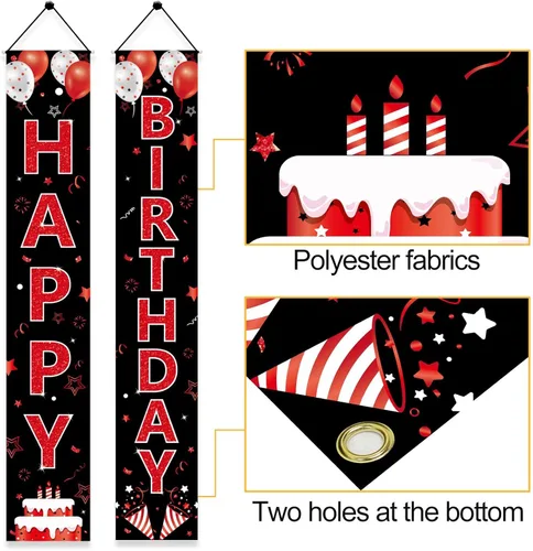 Vista 3 de Cartel de cumpleaños rojo y negro para puerta de cumpleaños para hombres y mujeres, letrero de feliz cumpleaños rojo y negro, suministros de fiesta