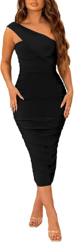 Vista 2 de Halfword Vestido midi sexy de un hombro para mujer, fruncido, entallado, con cordón, para fiesta nocturna, club, cóctel