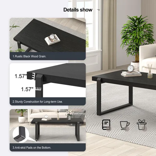 Vista 5 de EXCEFUR - Mesa de café moderna negra, mesa de centro industrial de madera y metal para sala de estar, mesa de té y cóctel rectangular, roble negro