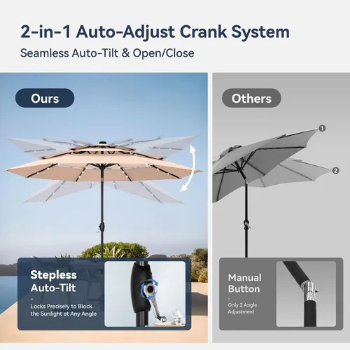 Vista 3 de PHI VILLA 10ft 3 Tier Outdoor Patio Umbrella with 24pcs LED Lights, Beige