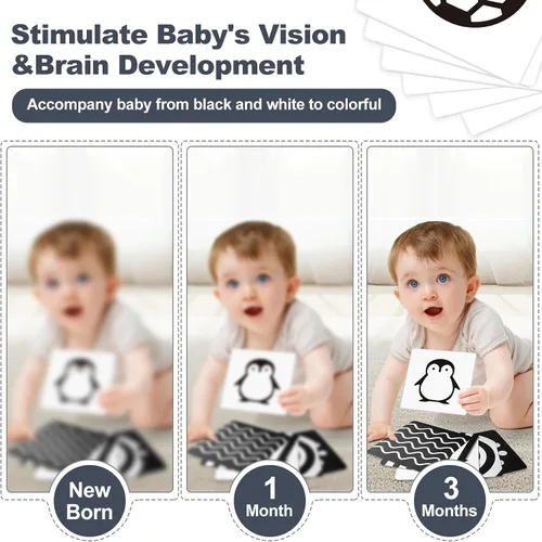 Vista 5 de Juguetes para recién nacidos, juguetes para bebés de alto contraste en blanco y negro, de 0 a 6 meses, con tarjetas sensoriales y sonajero, esencial
