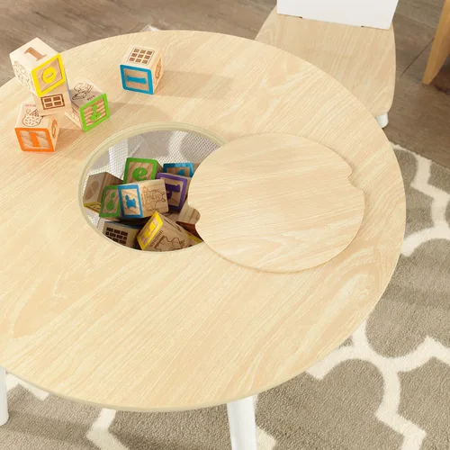 Vista 4 de KidKraft Conjunto de mesa de almacenamiento redondo y 2 sillas - Natural y blanco, 23.5 x 23.5 x 17.3