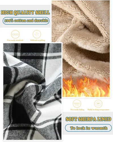 Vista 6 de IVUMA Camisas de algodón a cuadros de manga larga para hombre, chaqueta de franela con forro polar, camisas de franela Sherpa con botones y capucha