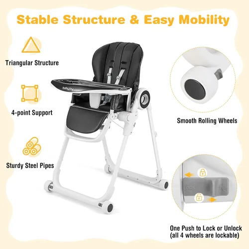 Vista 6 de BABY JOY Silla alta para bebés y niños pequeños, silla alta plegable con respaldo/reposapiés/altura del asiento, bandejas extraíbles dobles, cojín