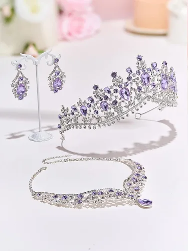 Vista 4 de SWEETV Genesis - Juego de corona de quinceañera de boda para novia, paquete de 3 aretes de tiara, juego de joyas plateadas para novia, disfraz