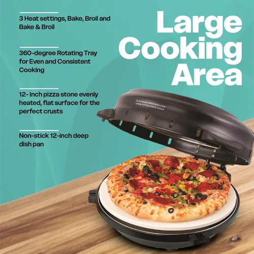 Vista 5 de Euro Cuisine PM600 - Máquina de pizza giratoria de 12 pulgadas con piedra y bandeja para hornear, encimera de pizza eléctrica, versátil máquina
