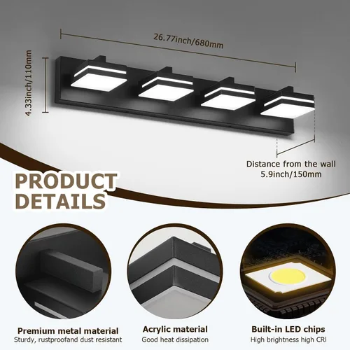 Vista 2 de Joossnwell Luz de Tocador de Baño (4 Luces, 26.77 Pulgadas) Luminarias de Baño Negras Sobre Espejo LED Iluminación Moderna de Tocador Luces de Baño