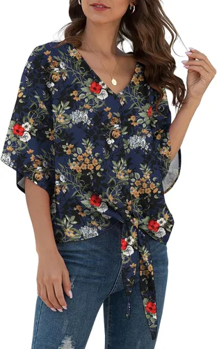 Vista 33 de VIISHOW Womens Tie Front Chiffon Blouses V Neck Batwing Short Sleeve Summer Tops Shirts Albaricoque