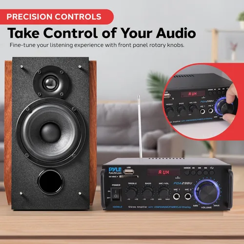 Vista 3 de Pyle Amplificador de potencia estéreo Bluetooth inalámbrico de 200 W, receptor de audio de 2 canales con RCA, USB, SD, entrada de micrófono, radio