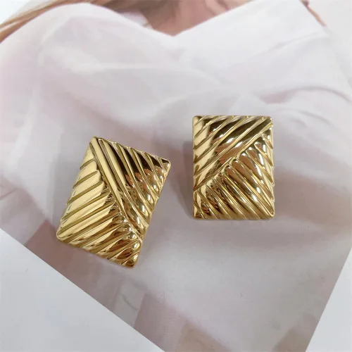 Vista 3 de Delicados aretes grandes rectangulares con textura gruesa para mujer, estilo vintage, de acero inoxidable, diseño geométrico, diseño único, joyería