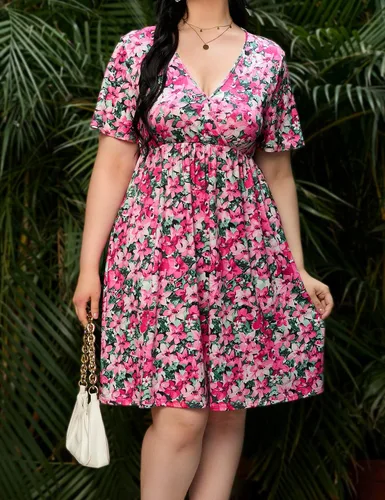 Vista 6 de ShopWonder Vestido de talla grande para mujer, con cuello en V, acampanado, largo hasta la rodilla, vestido de fiesta, minivestido de fiesta