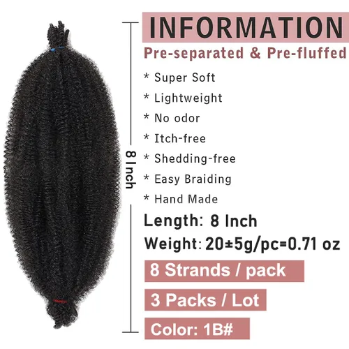 Vista 2 de Cabello de Envoltura Pre-Esponjado de 8 Pulgadas, 3 Paquetes, Cabello Afro Twist Pre-Separado Elástico para Locs, Cabello Afro Twist Negro Natural
