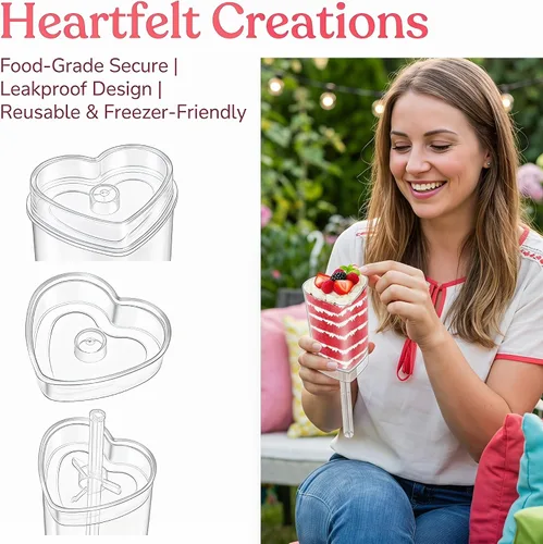 Vista 5 de Jucoan Paquete de 50 recipientes de plástico con forma de corazón para tartas, cupcakes de helado de gelatina con tapas para el día de San Valentín