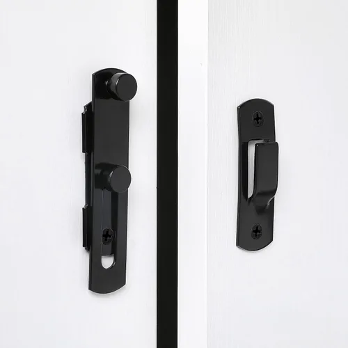 Vista 4 de INIRET Paquete de 2 pestillos para puerta de granero, 3.93 x 2.75 pulgadas, de acero inoxidable negro, cerraduras de puerta abatibles, cerraduras