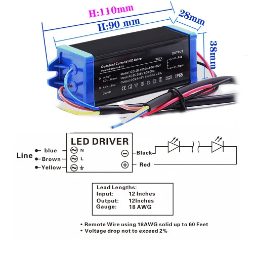 Vista 3 de Transformadores/conductor de corriente constante al aire libre de 50W, AC85-265V, DC24-36V 1500mA aislado, IP65 impermeable, adaptador de fuente