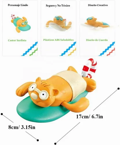 Vista 7 de Pull String - Juguete de baño para bebé, lindo castor de surf, natación, cuerda mecánica, juguete de bañera para niños pequeños (beige)